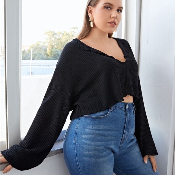 SHEIN Waffle Knit Lettuce Trim Cropped Tee - Picture 1 of 5